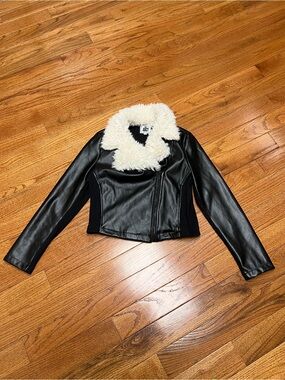 Juicy Couture Black Faux Leather Jacket with White Sherpa Collar